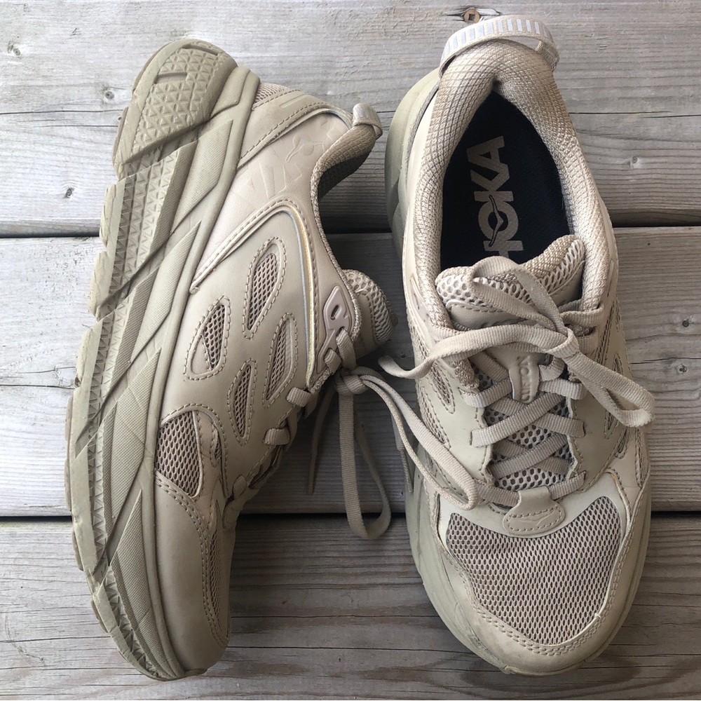 Women's 7 Hoka One One U Clifton L Leather Tan Runners Running Shoes Sneakers